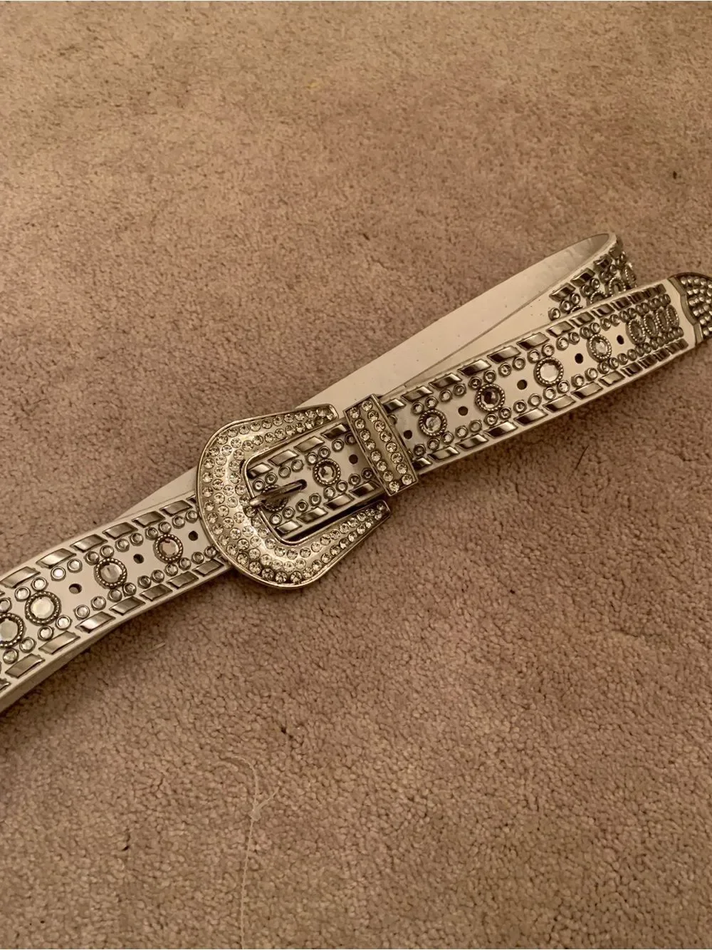 Vintage Studded Crystal Western Buckle Belt - White